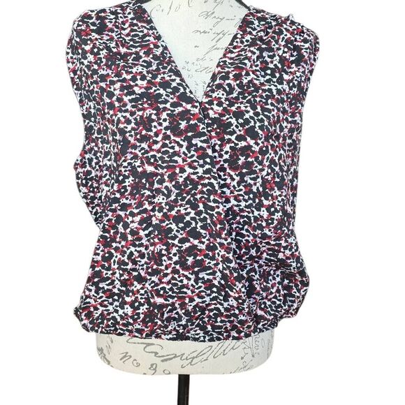 Nine Britton Women's Size Large Black White Red Deep V-Neck Wrap Style Blouse - Picture 1 of 5